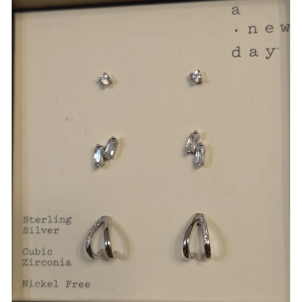 3 Pairs Of New Sterling Silver Stud Earrings CZ Nickel Free New With Box‎